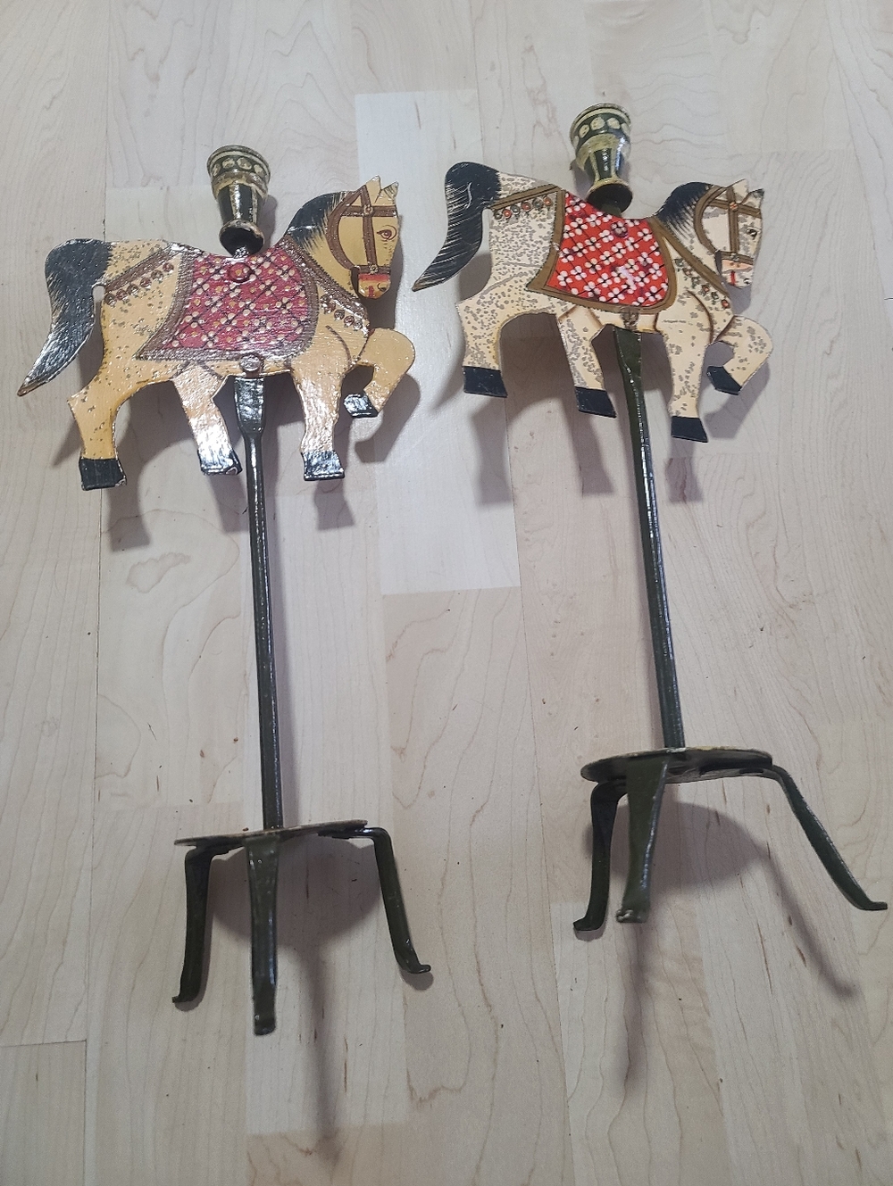 Pier 1 Tall Wrought Iron Hand-Painted Folk Carousel Horse Wall Candle Holders X2 - Picture 7 of 12